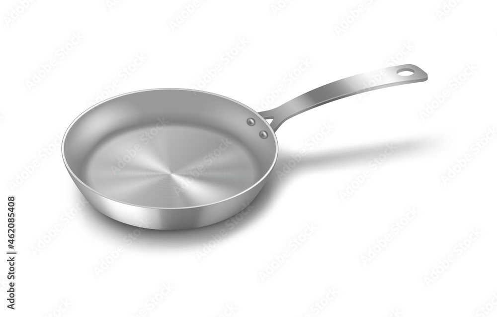 Stainless frying pan kitchenware, top view. Chrome frying pan with metal handle and non-stick cover Stainless frying pan kitchenware, top view. Chrome frying pan with metal handle and non-stick cover