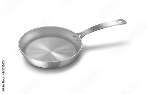 Stainless frying pan kitchenware, top view. Chrome frying pan with metal handle and non-stick cover