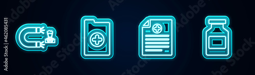 Set line Customer attracting, Clinical record, and Medicine bottle. Glowing neon icon. Vector