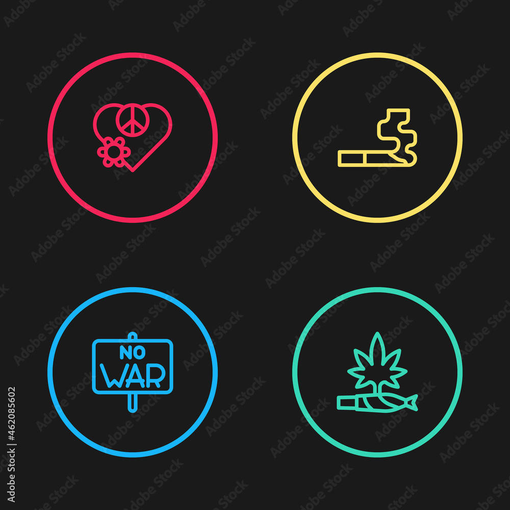 Set line No war, Marijuana joint, spliff, Cigarette and Love peace icon. Vector Set line No war, Marijuana joint, spliff, Cigarette and Love peace icon. Vector