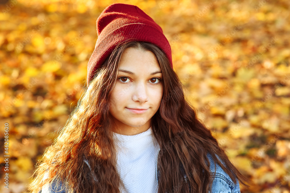 portrait of a girl in red hat in autumn in the park close-up portrait of a girl in red hat in autumn in the park close-up