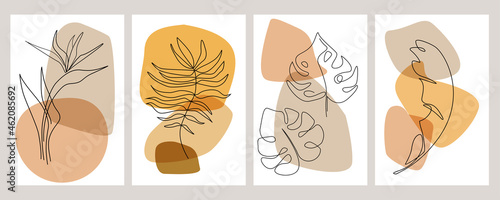 Vector set of contemporary botanical wall paintings. Drawing a line of tropical foliage with an abstract shape. Plant art design for printing, cover art, wallpaper, minimalistic and natural wall art.