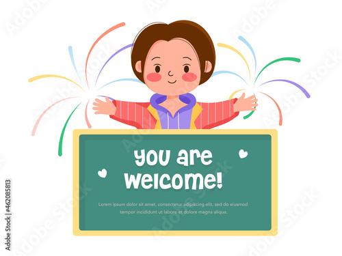 Girl With Fireworks and greeting card with text - you are welcome. Cute female young person with green school board surrounded by fireworks. Vector celebration isolated character on white background. 