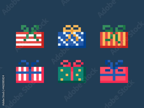 Pixel art gifts set. Vector 8 bit style retro illustration of winter Christmas present boxes. Isolated winter pixel gift boxes for video game, sticker or decoration. 8 bit gifts icon decorative set.