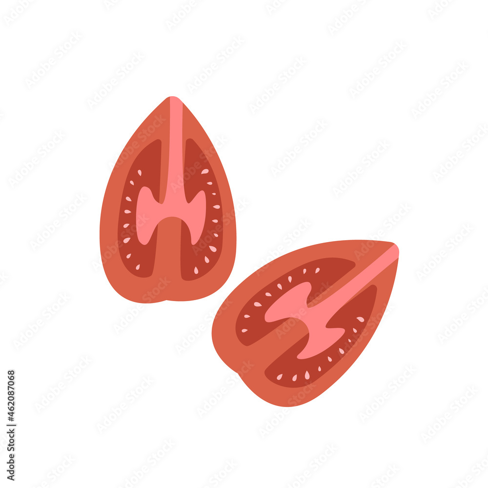 Tomato slices vector illustration. Love apple isolated on white background. Red vegetable piece. Food ingredient for salad, element Tomato slices vector illustration. Love apple isolated on white background. Red vegetable piece. Food ingredient for salad, element