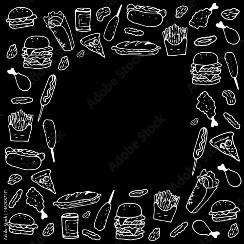 A TEMPLATE from fast food. Square pattern of ice cream, croissants, pizza, hamburgers, sandwiches, hot dogs, doodle-style, white isolated outline on black with empty square space for restaurant design