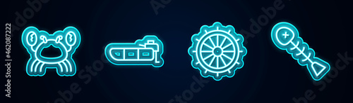Set line Crab, Inflatable boat with motor, Ship steering wheel and Dead fish. Glowing neon icon. Vector