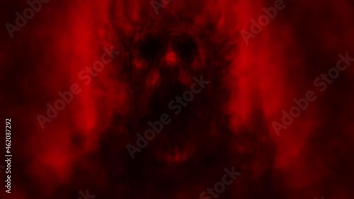 Scary monk's darkness. Between good and evil. Complete dark soul. Enlightenment and defilement. Spooky 2d animation. Horror fantasy devilish character. Creepy hell visions. Black and red background.  photo