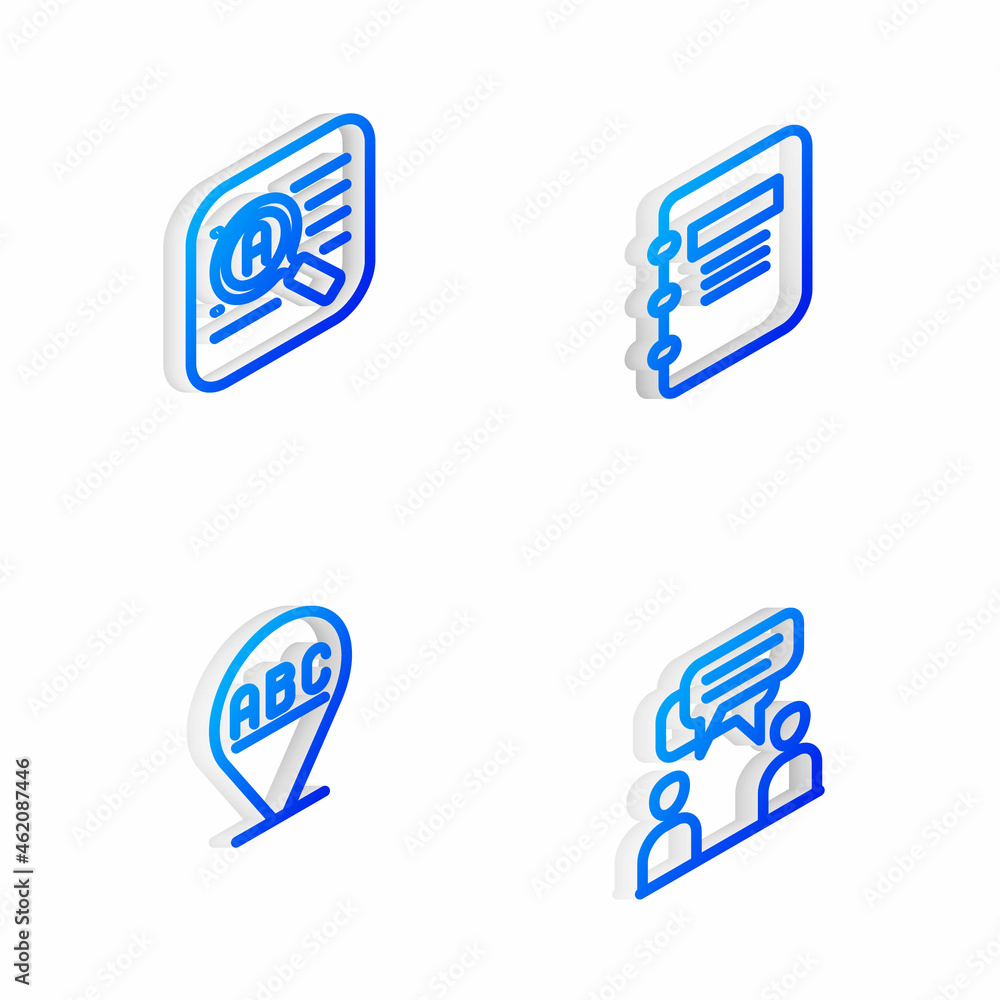 Set Isometric line Notebook, Translator, Alphabet and Two sitting men talking icon. Vector Set Isometric line Notebook, Translator, Alphabet and Two sitting men talking icon. Vector