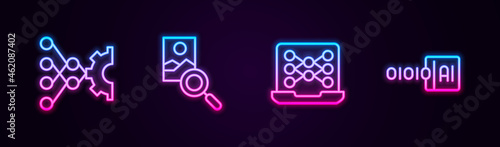 Set line Neural network, Photo retouching, and Binary code. Glowing neon icon. Vector