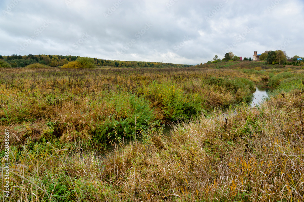 Autumn in the village. Grassy meadows, river and forest on the horizon
