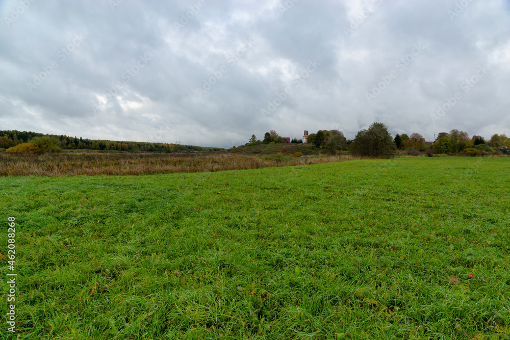 Autumn in the village. Grassy meadows and forest on the horizon