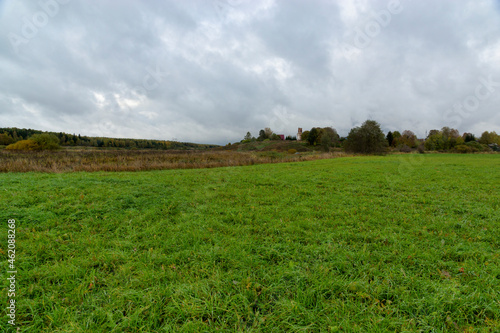 Obraz na płótnie Autumn in the village. Grassy meadows and forest on the horizon w salonie