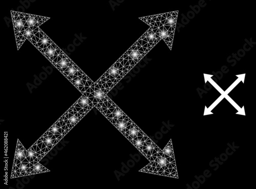 Bright mesh vector enlarge arrows with glare effect. White mesh, glare spots on a black background with enlarge arrows icon. Mesh and lightspot elements are placed on different layers.