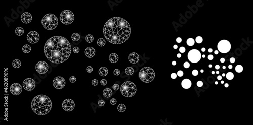 Bright mesh vector bubble cluster with glare effect. White mesh, bright spots on a black background with bubble cluster icon. Mesh and lightspot elements are placed on different layers.