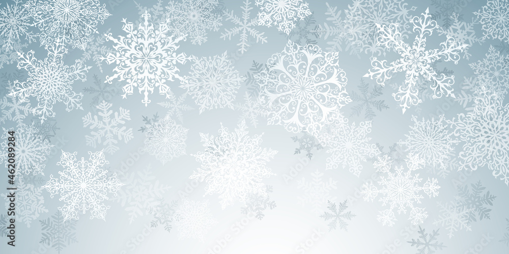 Illustration of big white complex Christmas snowflakes on gray background