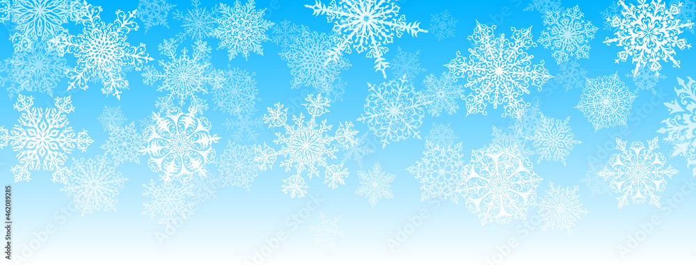 Illustration of big white complex Christmas snowflakes on light blue background