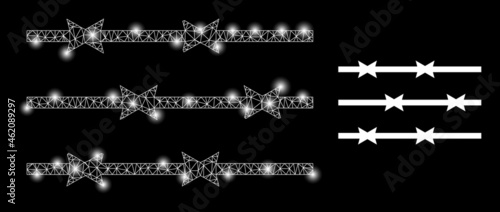 Bright mesh vector barbed wire fence with glare effect. White mesh, light spots on a black background with barbed wire fence icon. Mesh and glare elements are placed on different layers.