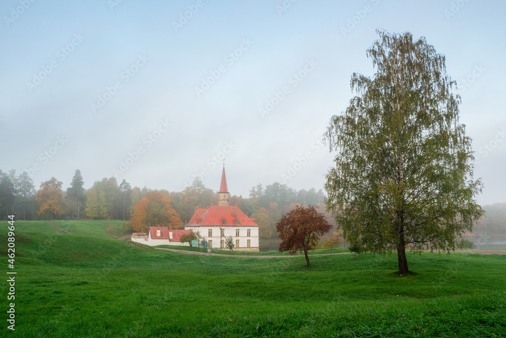Fototapeta premium Autumn morning landscape. Bright autumn foggy landscape with golden trees and old Palace. Gatchina. Russia.