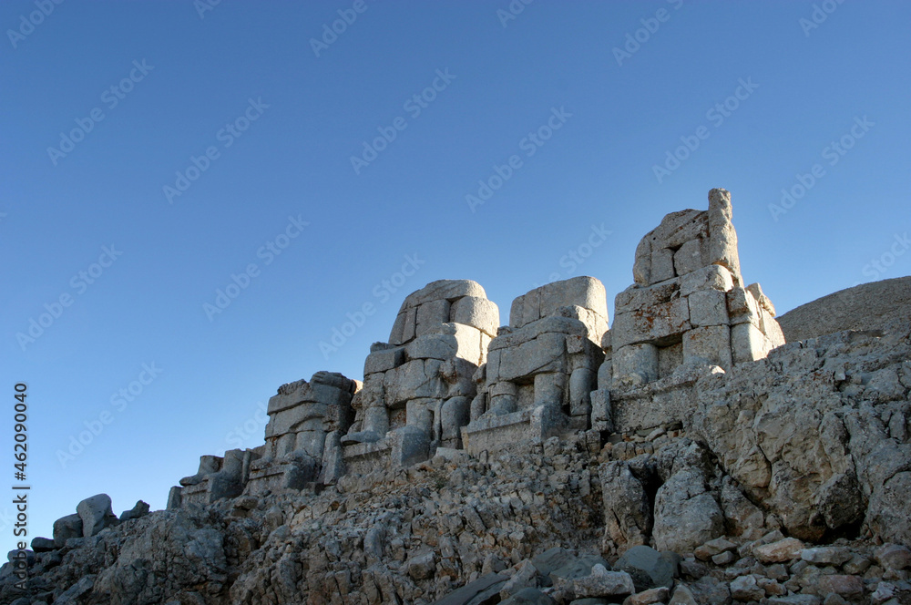 Stone Thrones of Mount Nemrut in Adiyaman, Turkey. Mount Nemrut in southeastern Turkey and royal tombs is from the 1st century BC.