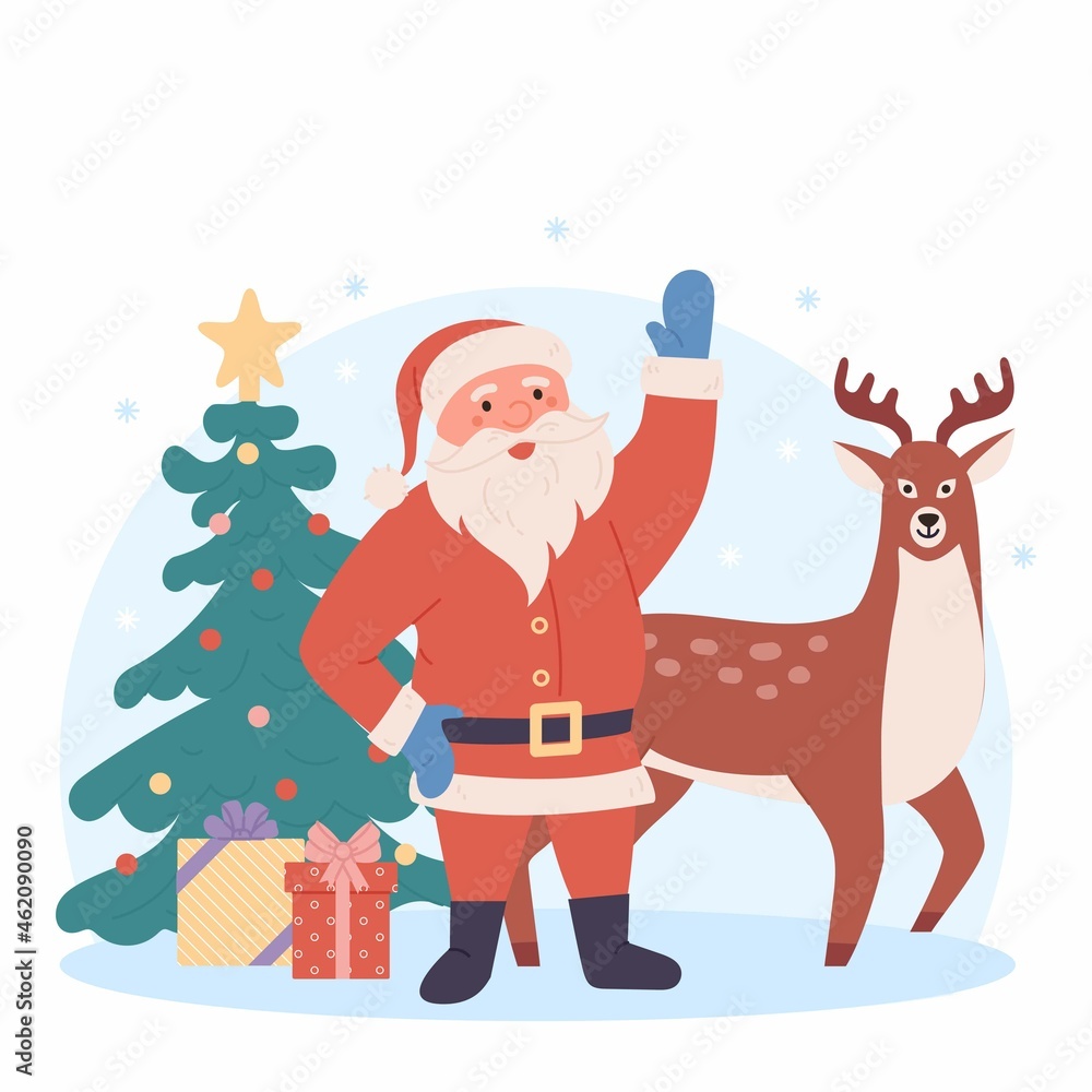 Funny santa with christmas tree, deer and presents. Christmas greeting card background poster. Vector illustration. Merry christmas and Happy new year.