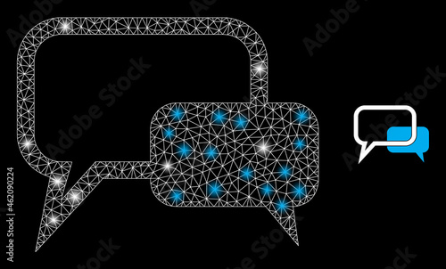 Glossy mesh vector blog messages with glare effect. White mesh, glare spots on a black background with blog messages icon. Mesh and glowing elements are placed on different layers.