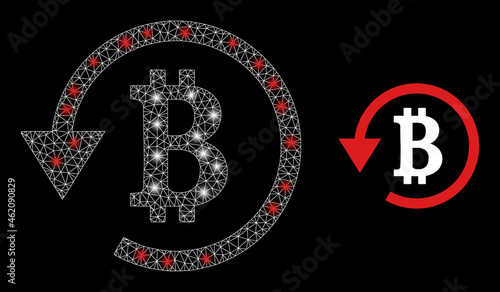 Bright mesh vector bitcoin refund with glare effect. White mesh, glare spots on a black background with bitcoin refund icon. Mesh and glare elements are placed on different layers.