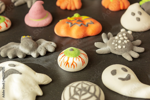 Halloween marshmallow on a dark background. Flat lay, selective focus