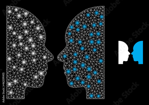 Bright mesh vector dual faces with glare effect. White mesh, flash spots on a black background with dual faces icon. Mesh and glare elements are placed on different layers.