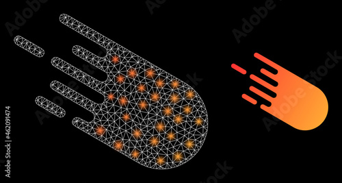 Bright mesh vector bolide with glare effect. White mesh, glare spots on a black background with bolide icon. Mesh and glare elements are placed on different layers.