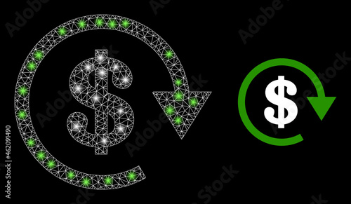 Bright mesh vector dollar repay with glare effect. White mesh, bright spots on a black background with dollar repay icon. Mesh and glare elements are placed on different layers.