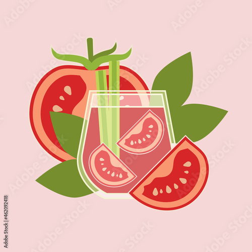 Tomato juice with tomato slices in flat style