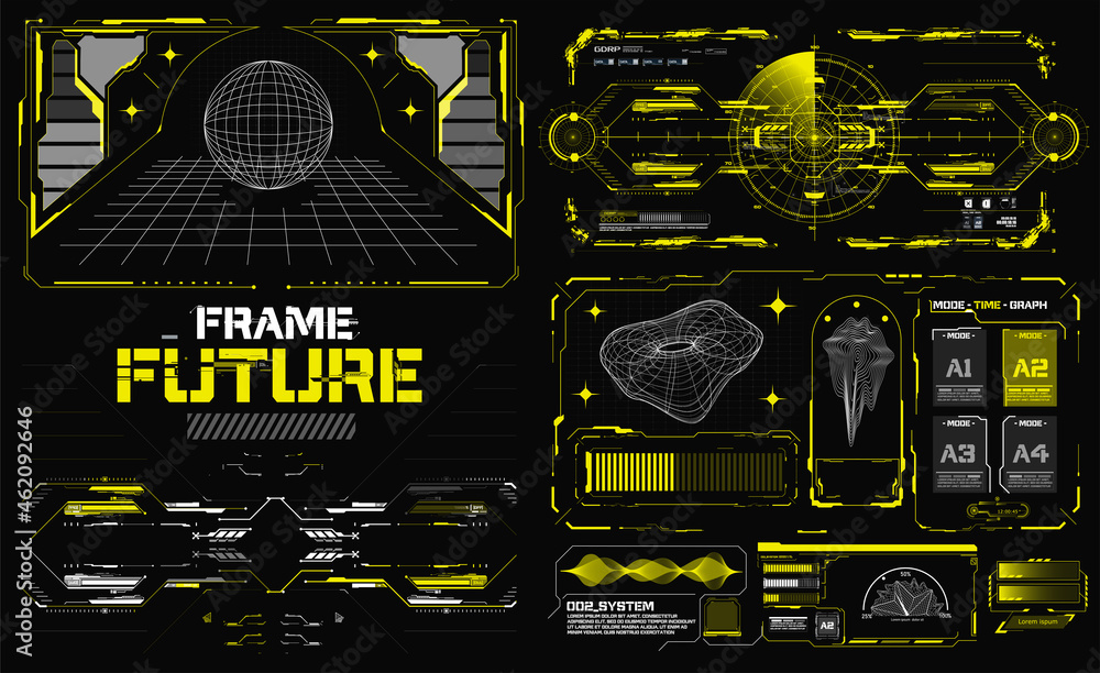 Abstract digital technology UI, UX Futuristic HUD, FUI, Virtual Interface. Callouts titles and frame in Sci- Fi style. Bar labels, info call box bars. Futuristic info boxes layout templates.