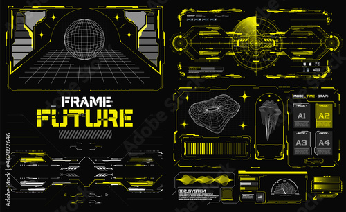 Abstract digital technology UI, UX Futuristic HUD, FUI, Virtual Interface. Callouts titles and frame in Sci- Fi style. Bar labels, info call box bars. Futuristic info boxes layout templates.