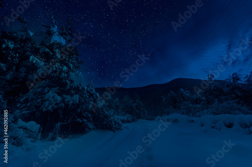 Mountain Road through the snowy forest on a full moon night. Scenic night winter landscape of dark blue sky with moon and stars