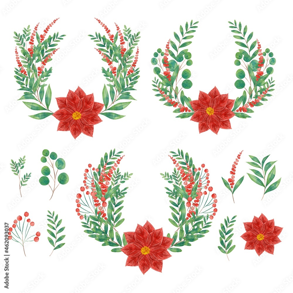 watercolor christmas flower wreath collection vector design illustration