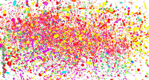 Bright explosion. Multicolored pattern with random falling colored confetti on white background. Texture with glitters for design. Greeting cards. Print for polygraphy, posters, banners and textiles