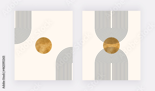 Boho wall art print with rainbow and golden shape
