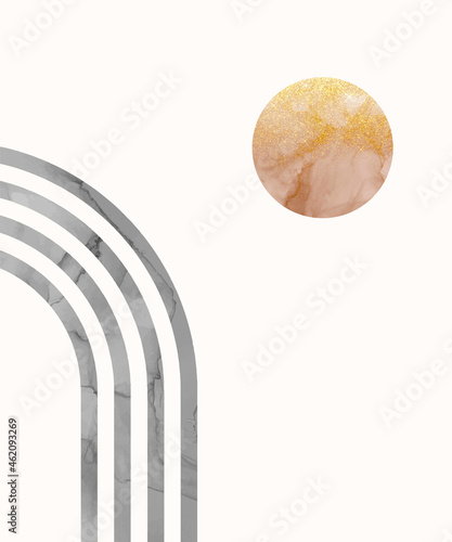 Boho wall art print with rainbow and golden shape
