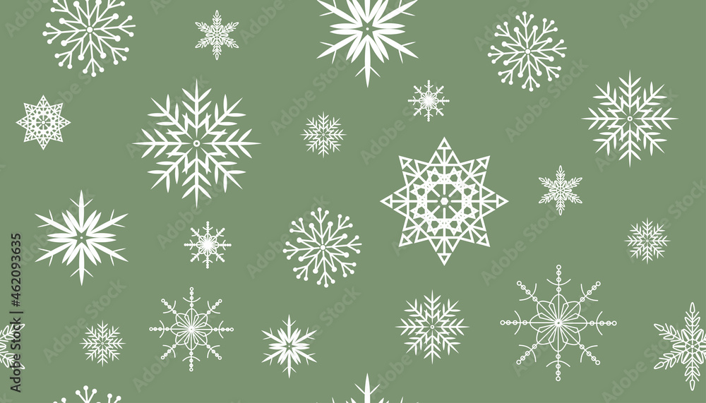 White snowflakes on green background, seamless pattern White snowflakes on green background, seamless pattern