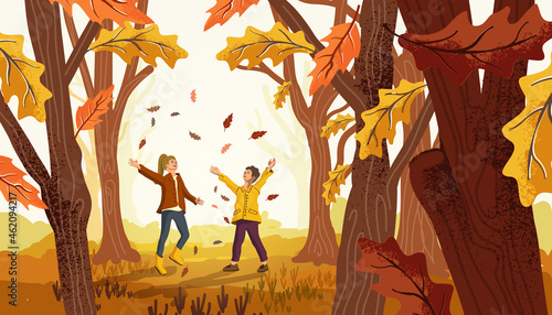 cheerful Children having fun and throwing leaves into the air in a park filled with trees. Autumn Fall people illustration.
