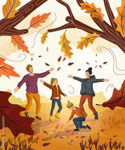 A family enjoying themselves at the park in autumn throwing leaves into the air that have fallen from the trees. Vector illustration.