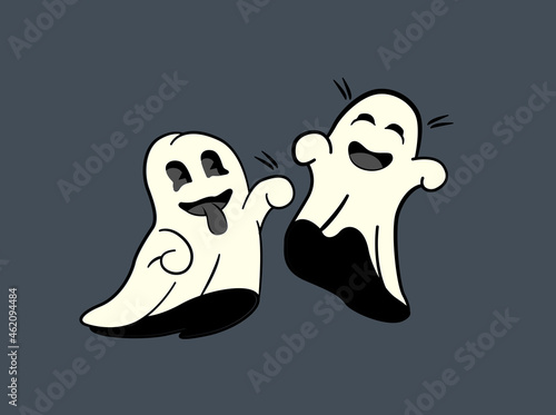 Two playful ghosts having fun and laughing. Halloween vector illustration.