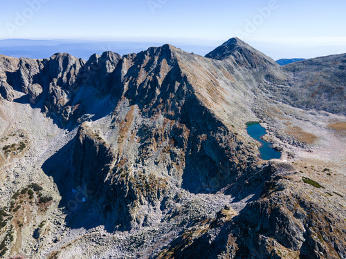 Aerial view of Polezhan peak and Upper Gazey Lake, Pirin Mountain, Bulgaria