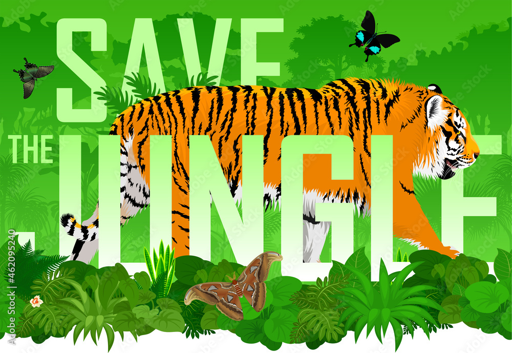 Vector seamless horizontal tropical rainforest Jungle background with tiger and butterflies