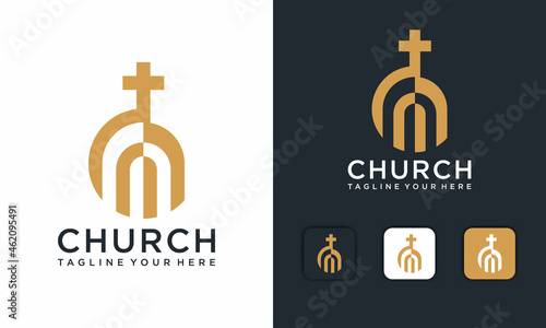 luxury church building logo and icon design vector template on a dark black and white background.