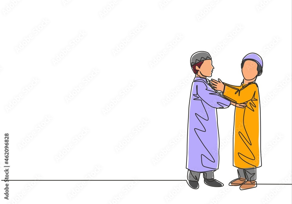 Ramadan Kareem greeting card, banner and poster design background. One continuous line drawing of two young muslim kids hugging to forgive each other. Islamic single line draw vector illustration Ramadan Kareem greeting card, banner and poster design background. One continuous line drawing of two young muslim kids hugging to forgive each other. Islamic single line draw vector illustration