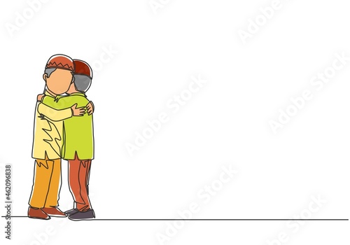 Ramadan Kareem greeting card, poster and banner design. One single line drawing of two young happy muslim boys hugging to forgive each other. Continuous line draw vector illustration