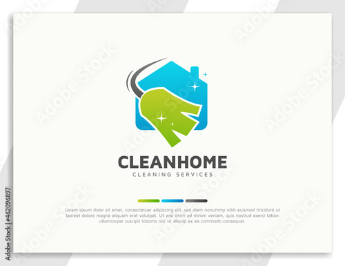 Cleaning services logo with broom and house illustration