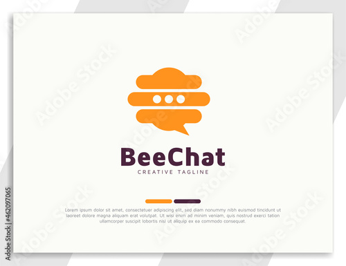 Bee chat communication logo design with bee hive illustration